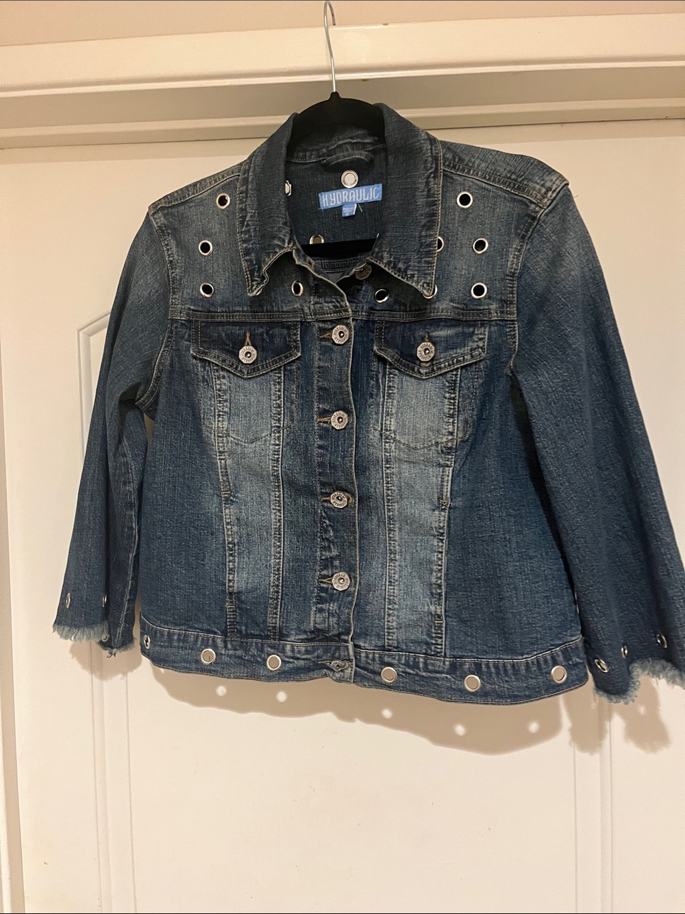 Hydraulic Dark Wash Denim Jacket with Grommet Trim
